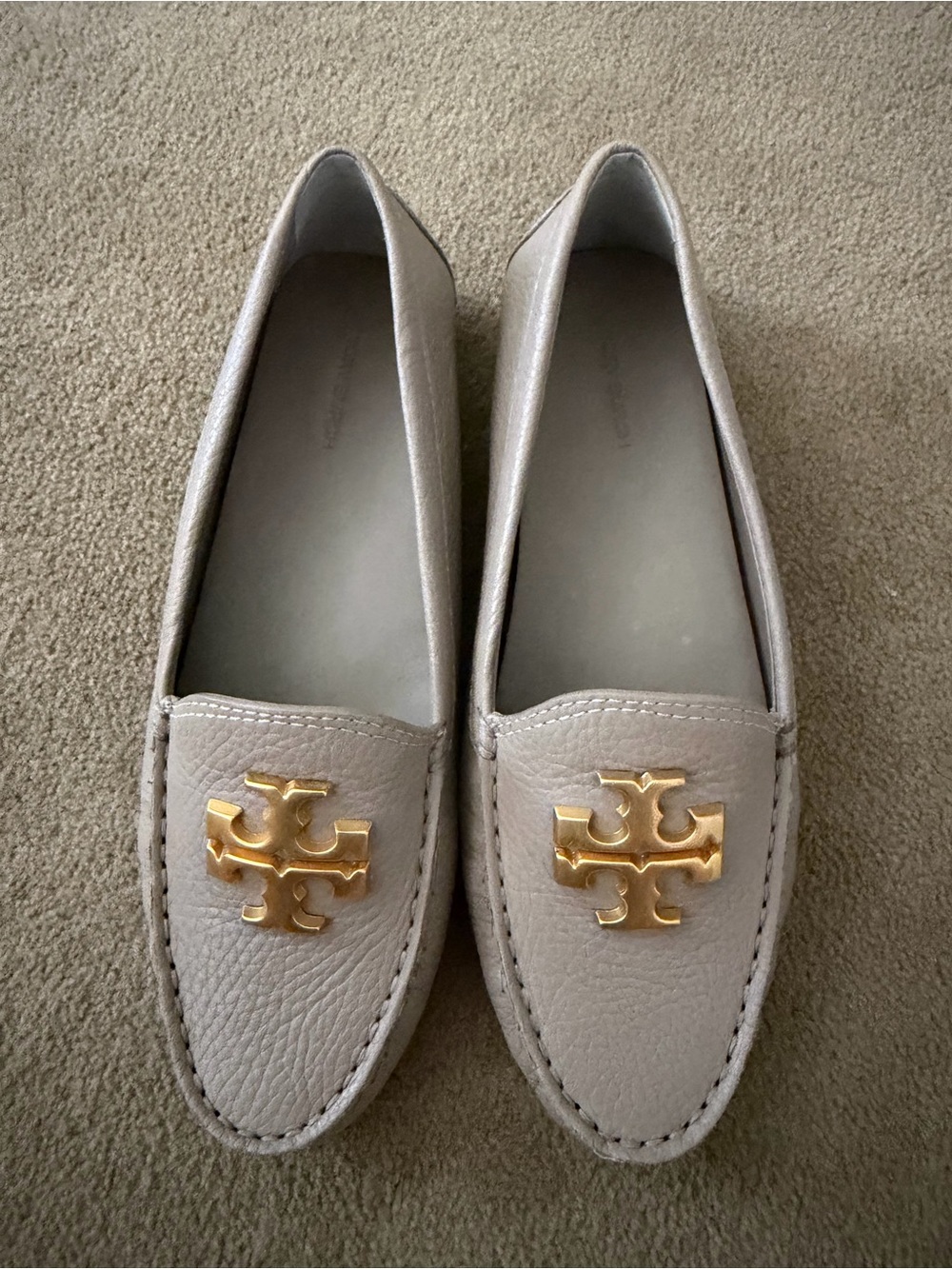 Tory Burch Taupe Leather Logo Loafers with Gold Emblem